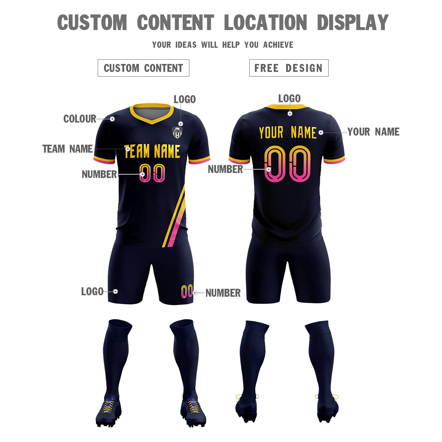 Custom Navy Gold01-Pink Gradient Fashion Sportswear Soccer Sets Jersey