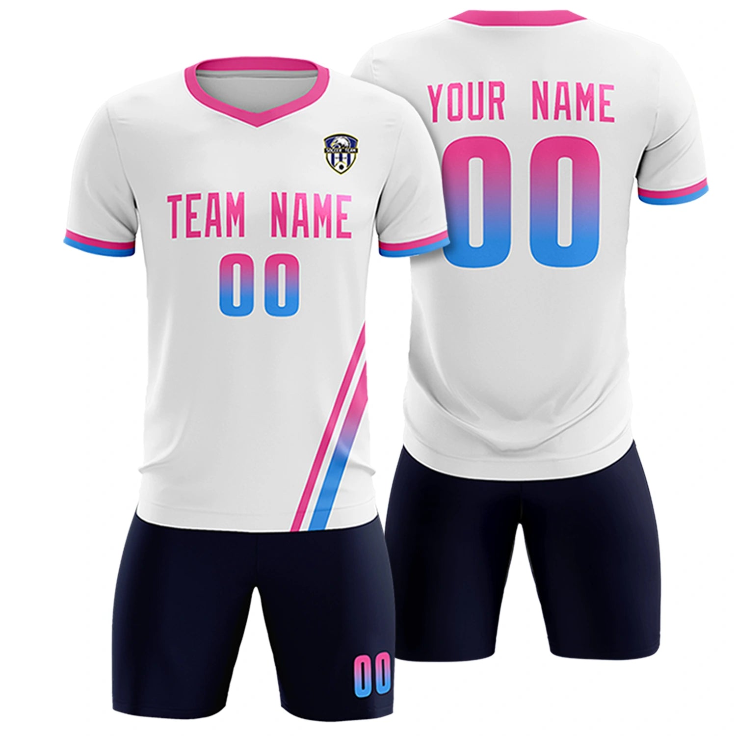 Custom White Pink-Powder Blue Gradient Fashion Sportswear Soccer Sets Jersey