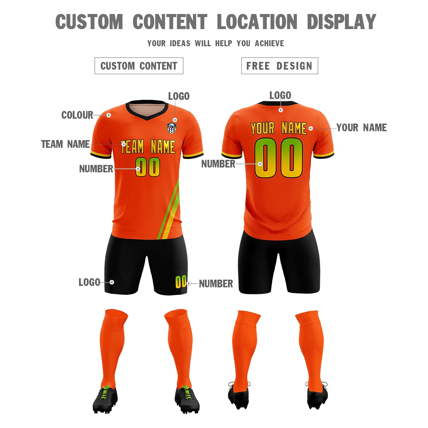 Custom Orange Neon Green-Gold01 Gradient Fashion Sportswear Soccer Sets Jersey