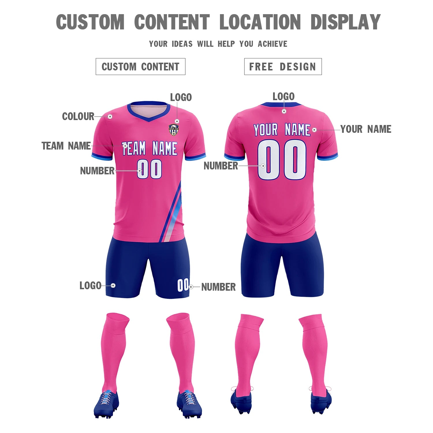 Custom Pink Royal Blue-Powder Blue Gradient Fashion Sportswear Soccer Sets Jersey