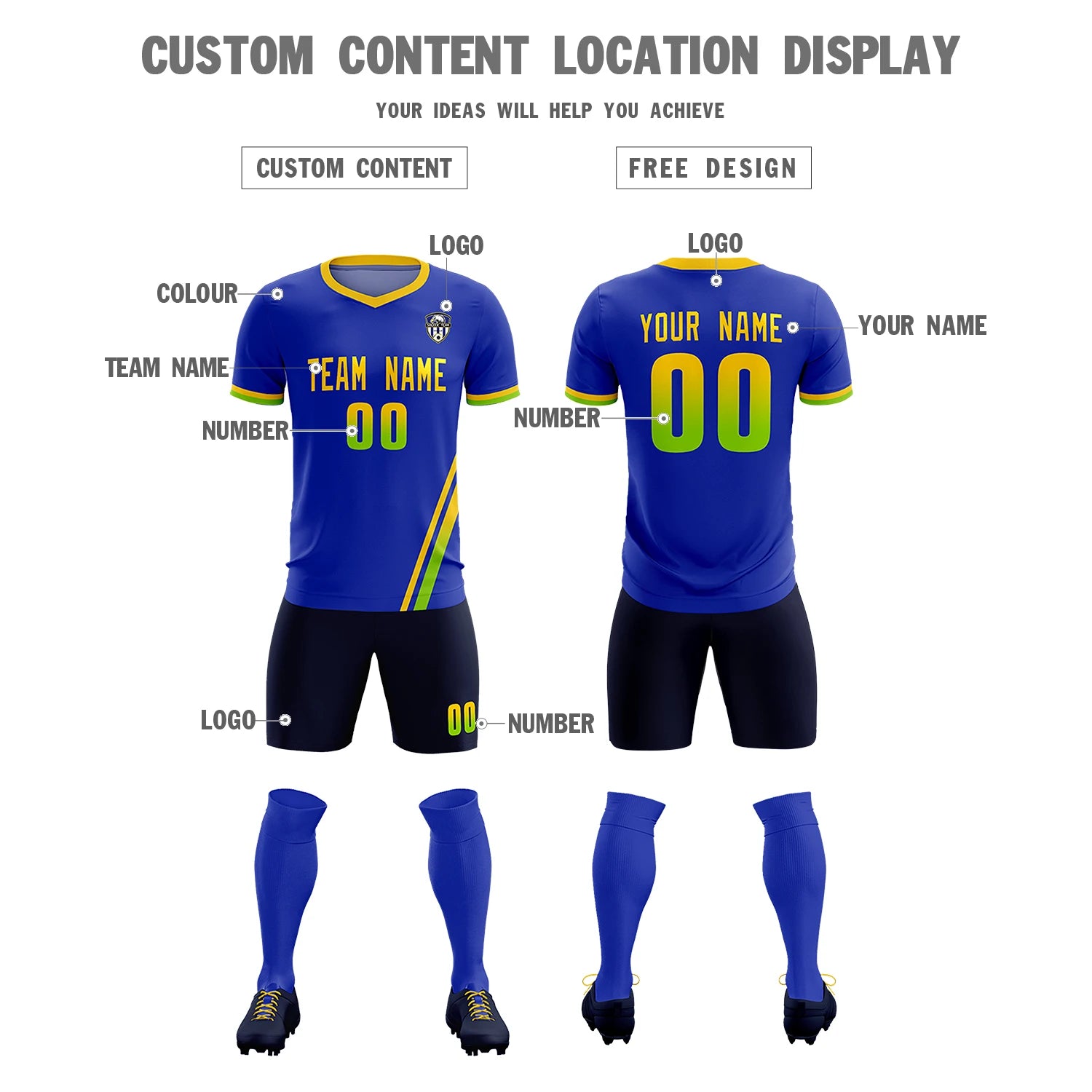 Custom Royal Blue Gold01-Neon Green Gradient Fashion Sportswear Soccer Sets Jersey