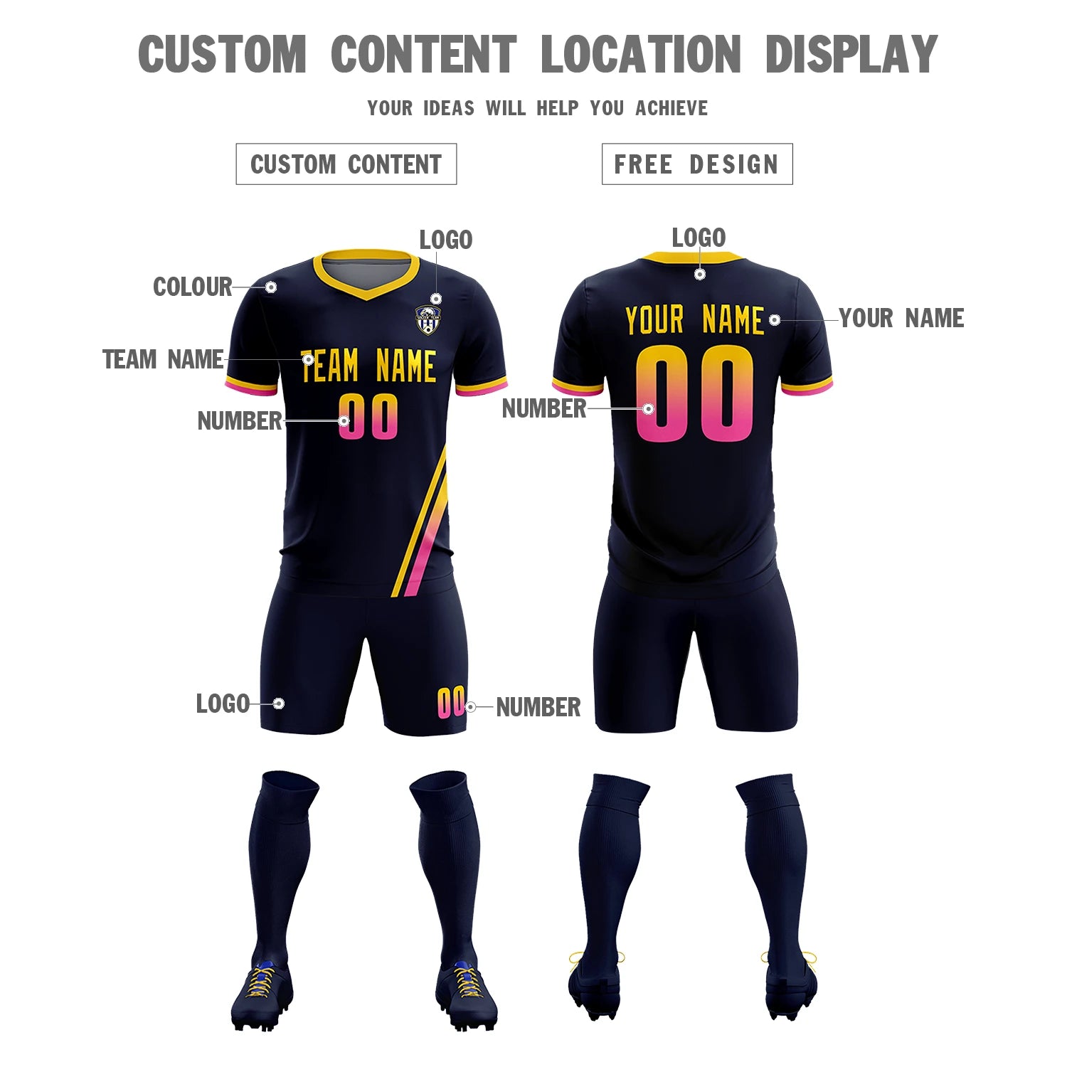 Custom Navy Gold01-Pink Gradient Fashion Sportswear Soccer Sets Jersey