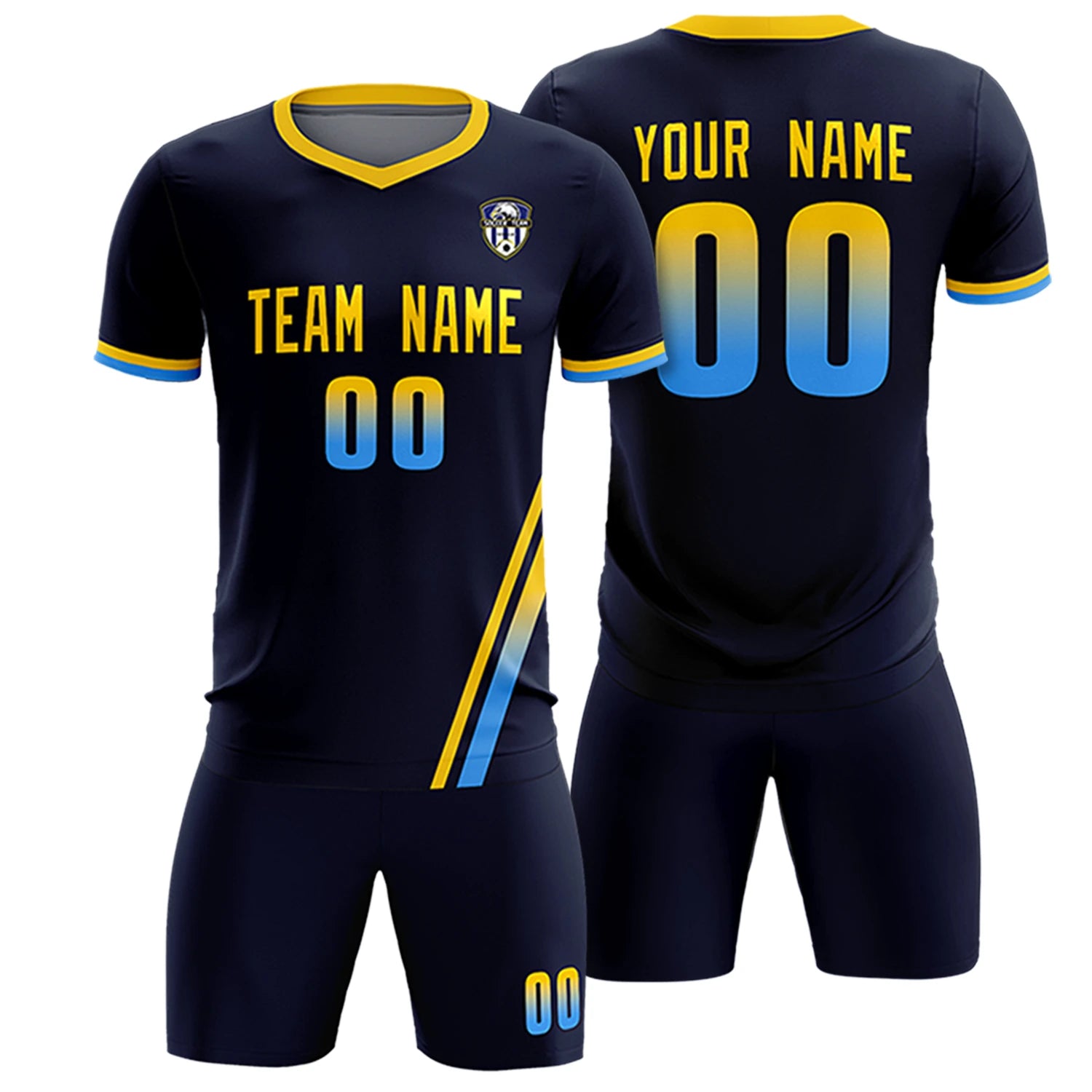 Custom Navy Gold01-Powder Blue Gradient Fashion Sportswear Soccer Sets Jersey
