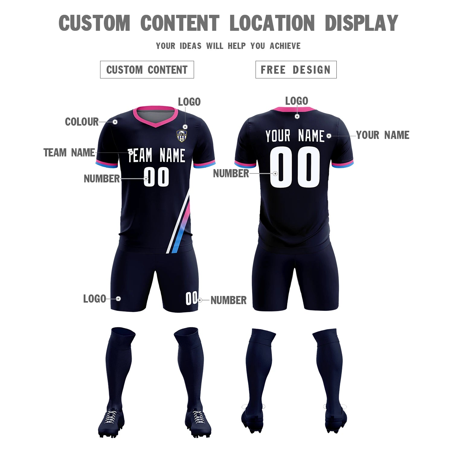 Custom Navy White-Pink Gradient Fashion Sportswear Soccer Sets Jersey