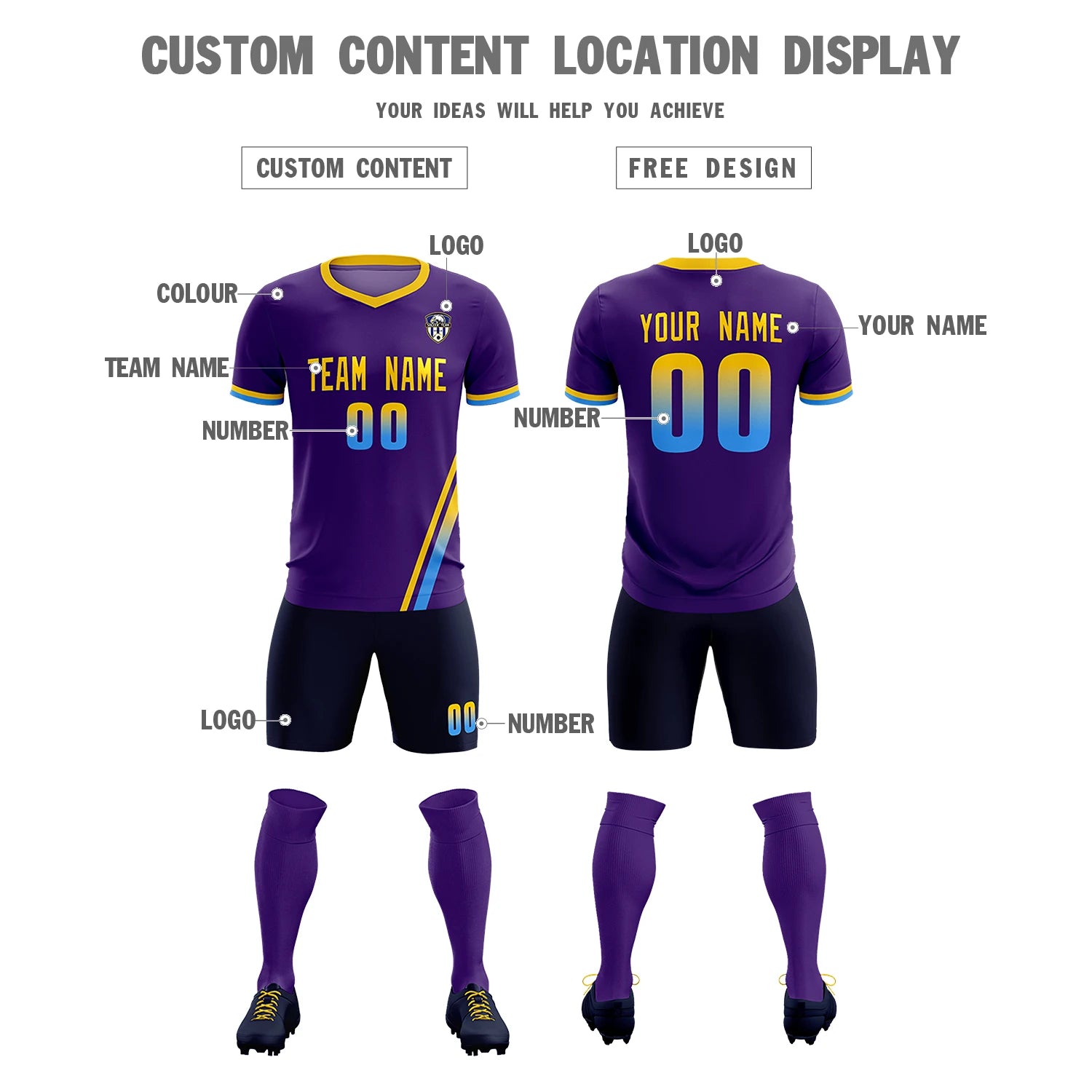 Custom Purple Gold01-Powder Blue Gradient Fashion Sportswear Soccer Sets Jersey