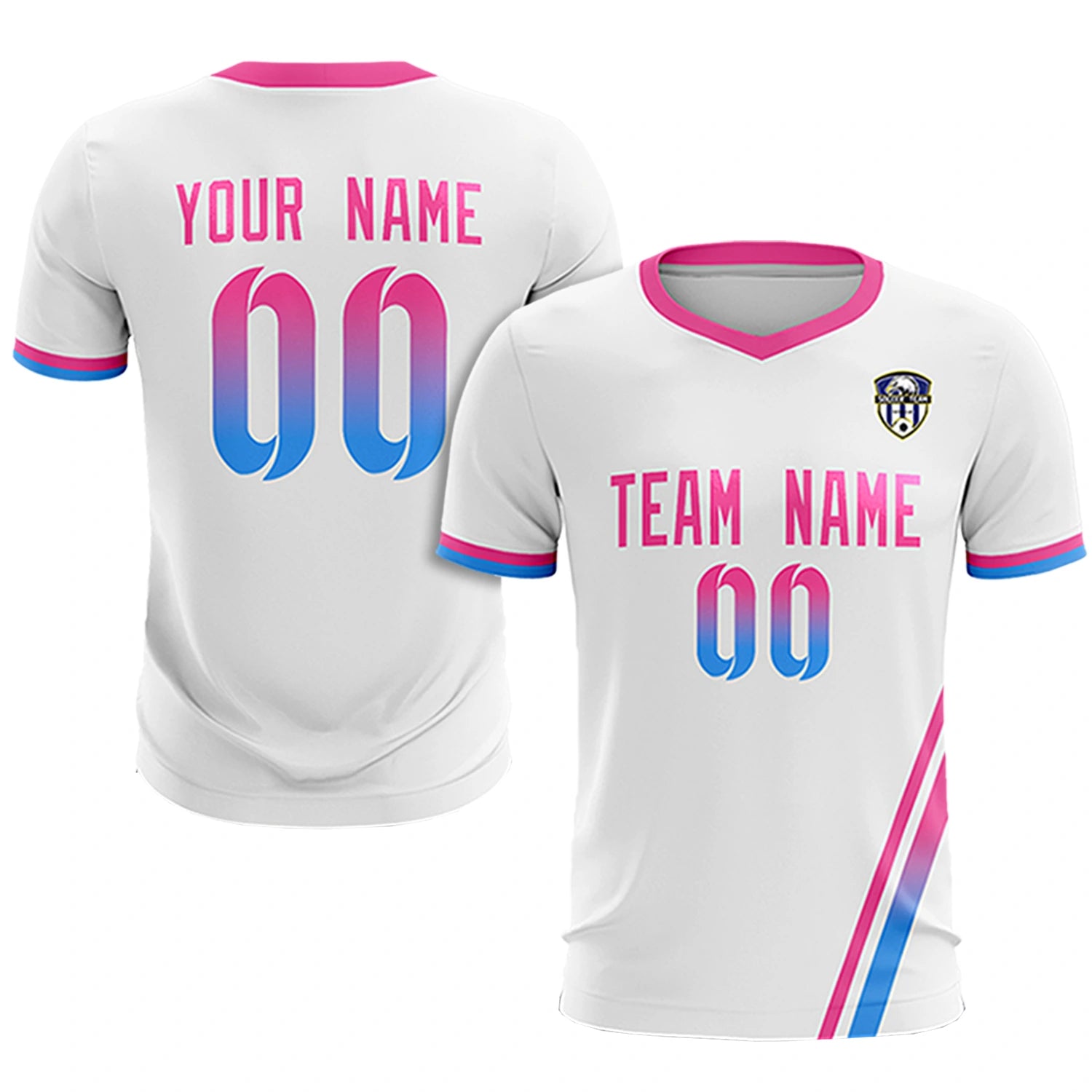 Custom White Pink-Powder Blue Gradient Fashion Sportswear Soccer Sets Jersey