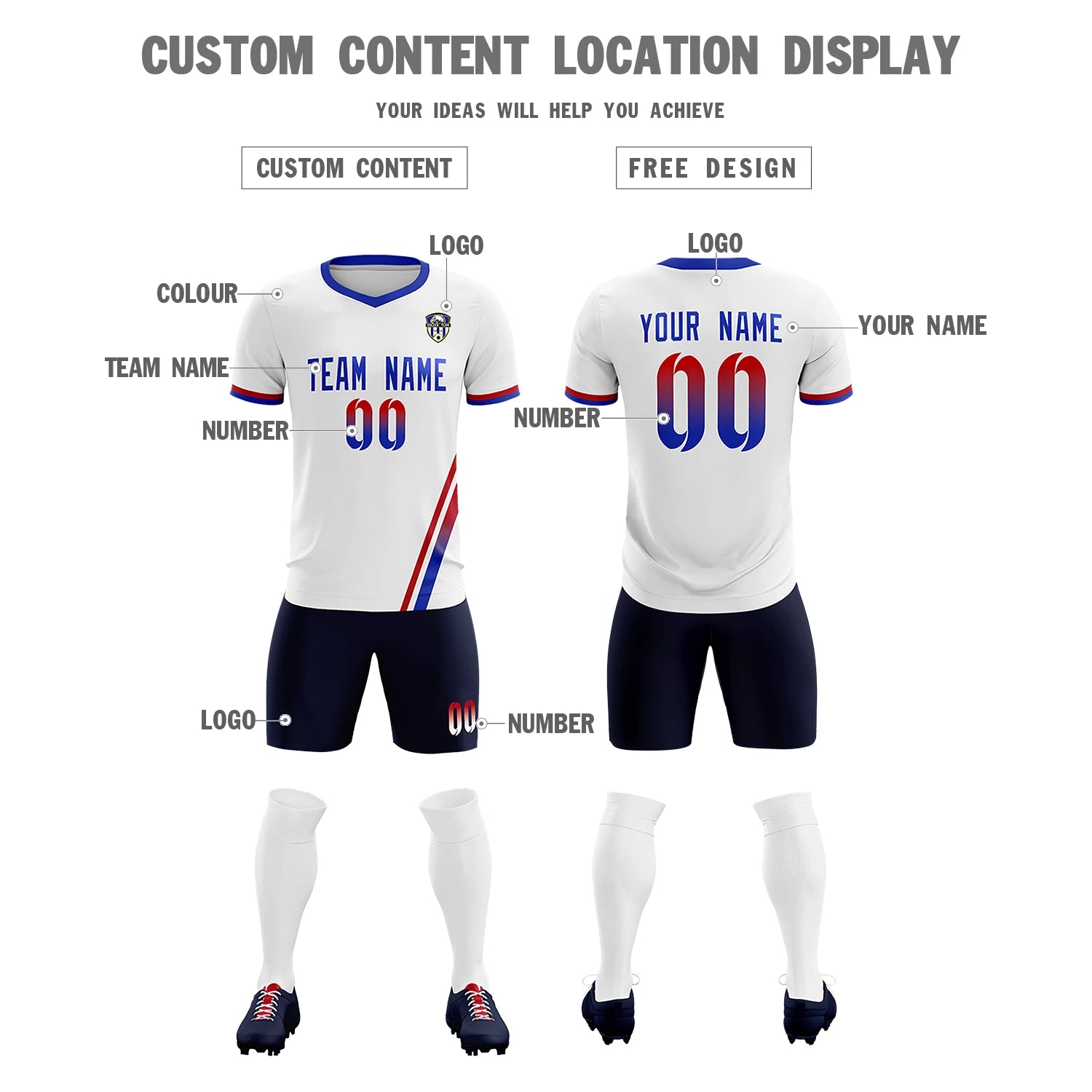 Custom White Red-Royal Blue Gradient Fashion Sportswear Soccer Sets Jersey