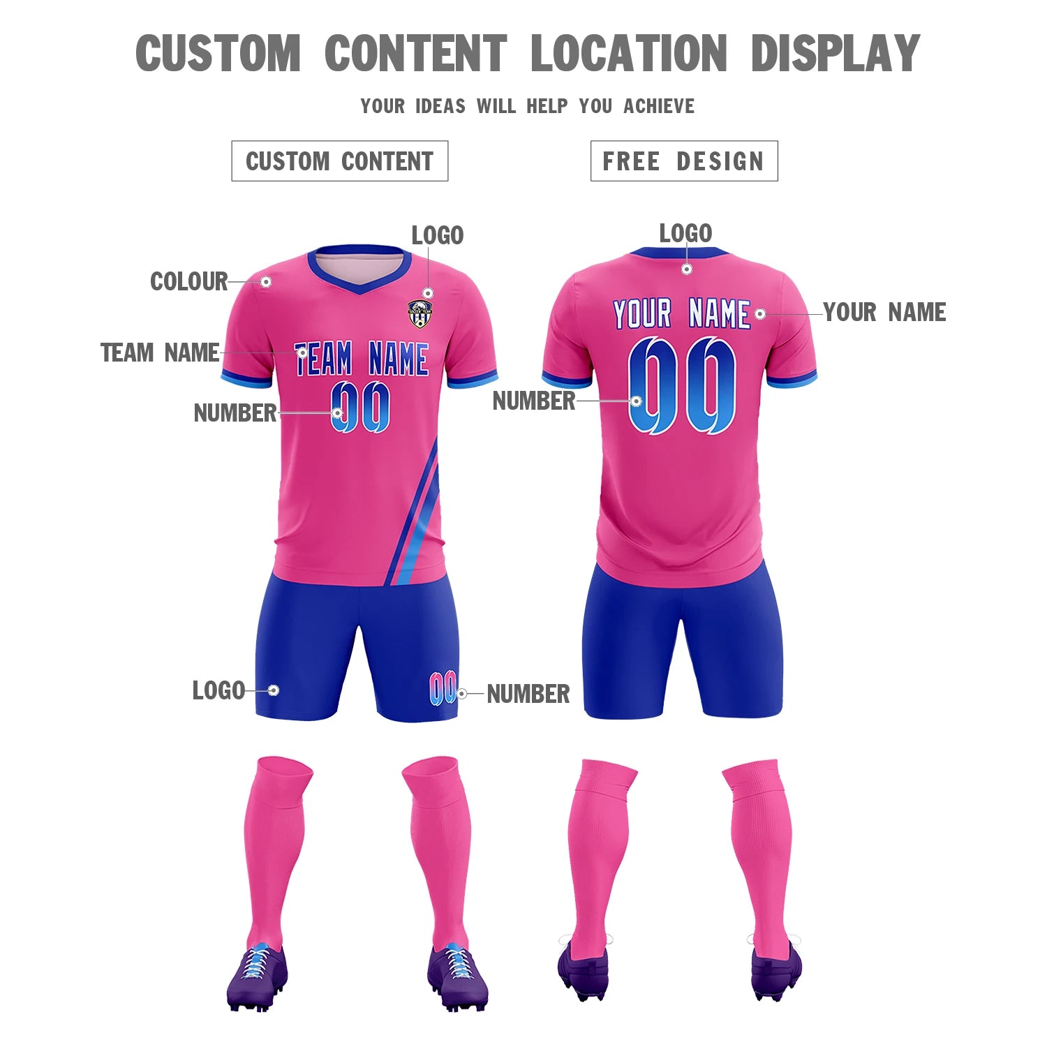 Custom Pink Royal Blue-Powder Blue Gradient Fashion Sportswear Soccer Sets Jersey