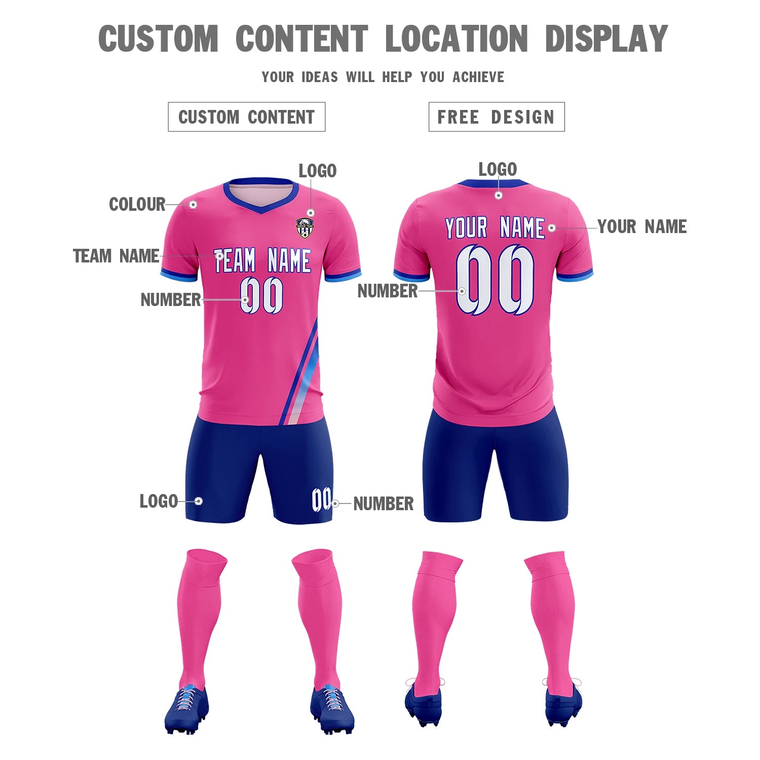 Custom Pink Royal Blue-Powder Blue Gradient Fashion Sportswear Soccer Sets Jersey