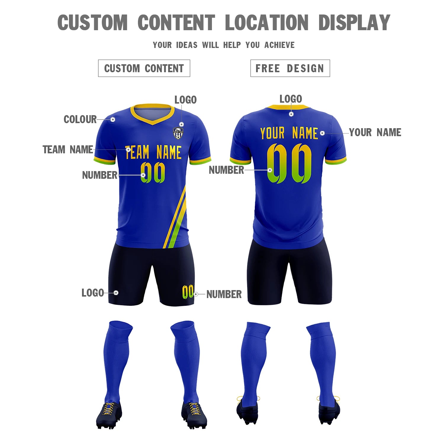 Custom Royal Blue Gold01-Neon Green Gradient Fashion Sportswear Soccer Sets Jersey