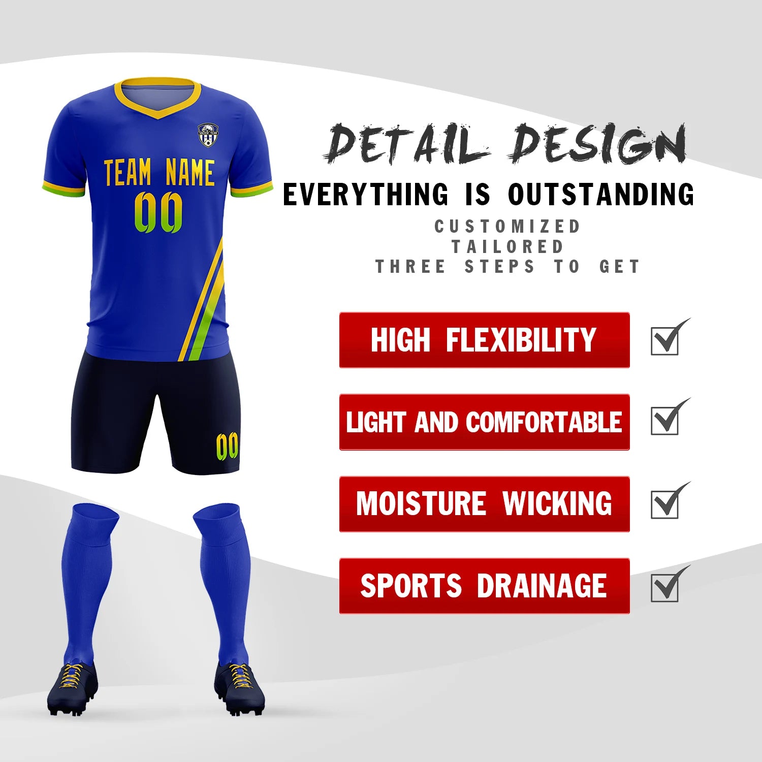 Custom Royal Blue Gold01-Neon Green Gradient Fashion Sportswear Soccer Sets Jersey