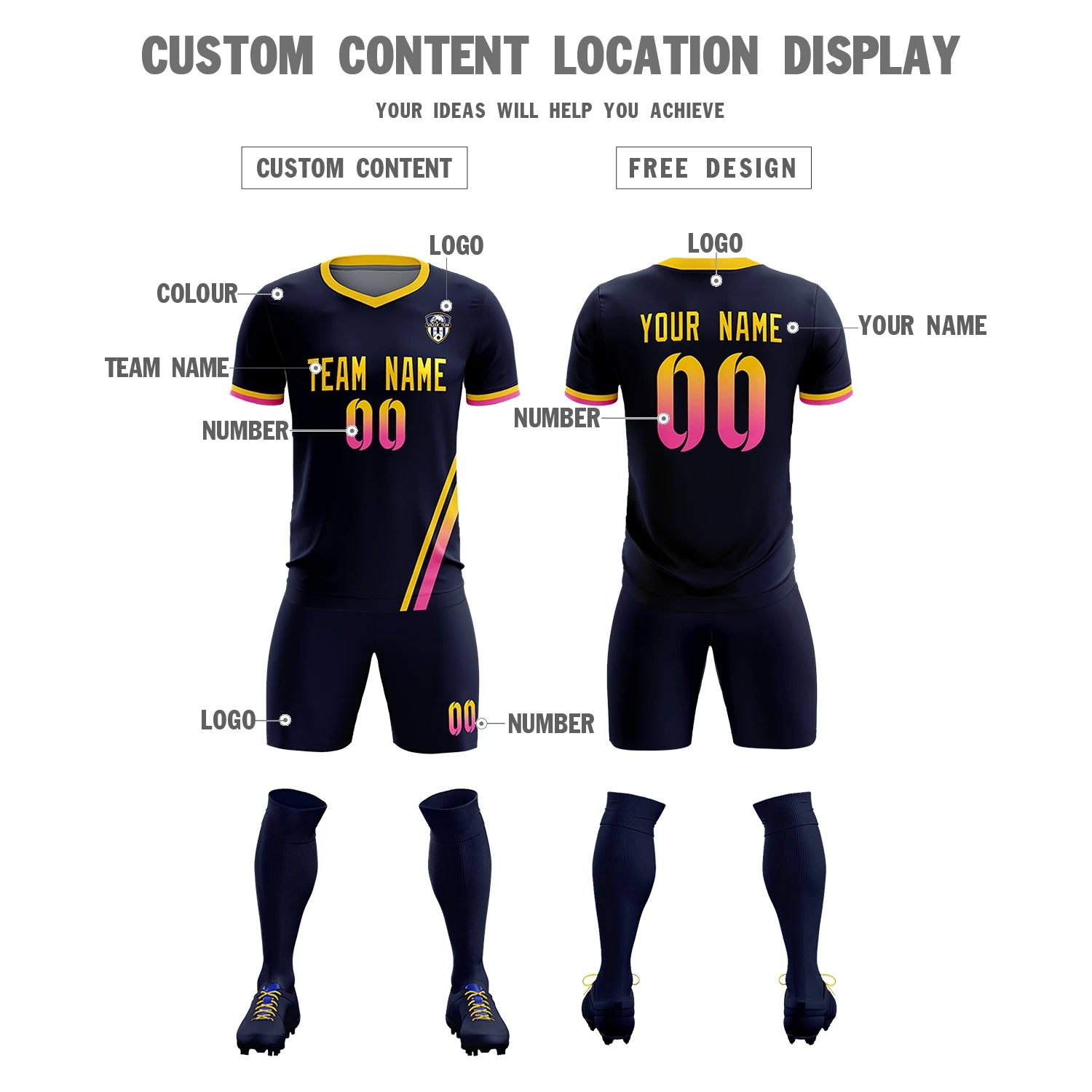 Custom Navy Gold01-Pink Gradient Fashion Sportswear Soccer Sets Jersey