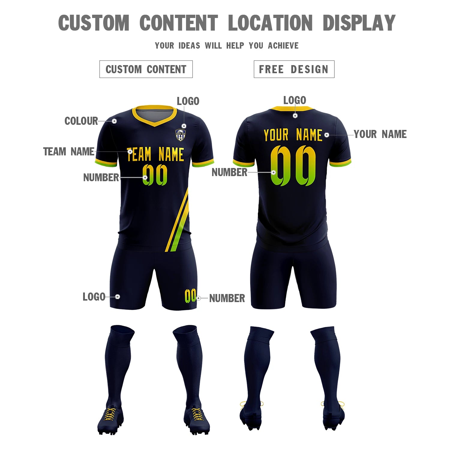 Custom Navy Gold01-Neon Green Gradient Fashion Sportswear Soccer Sets Jersey