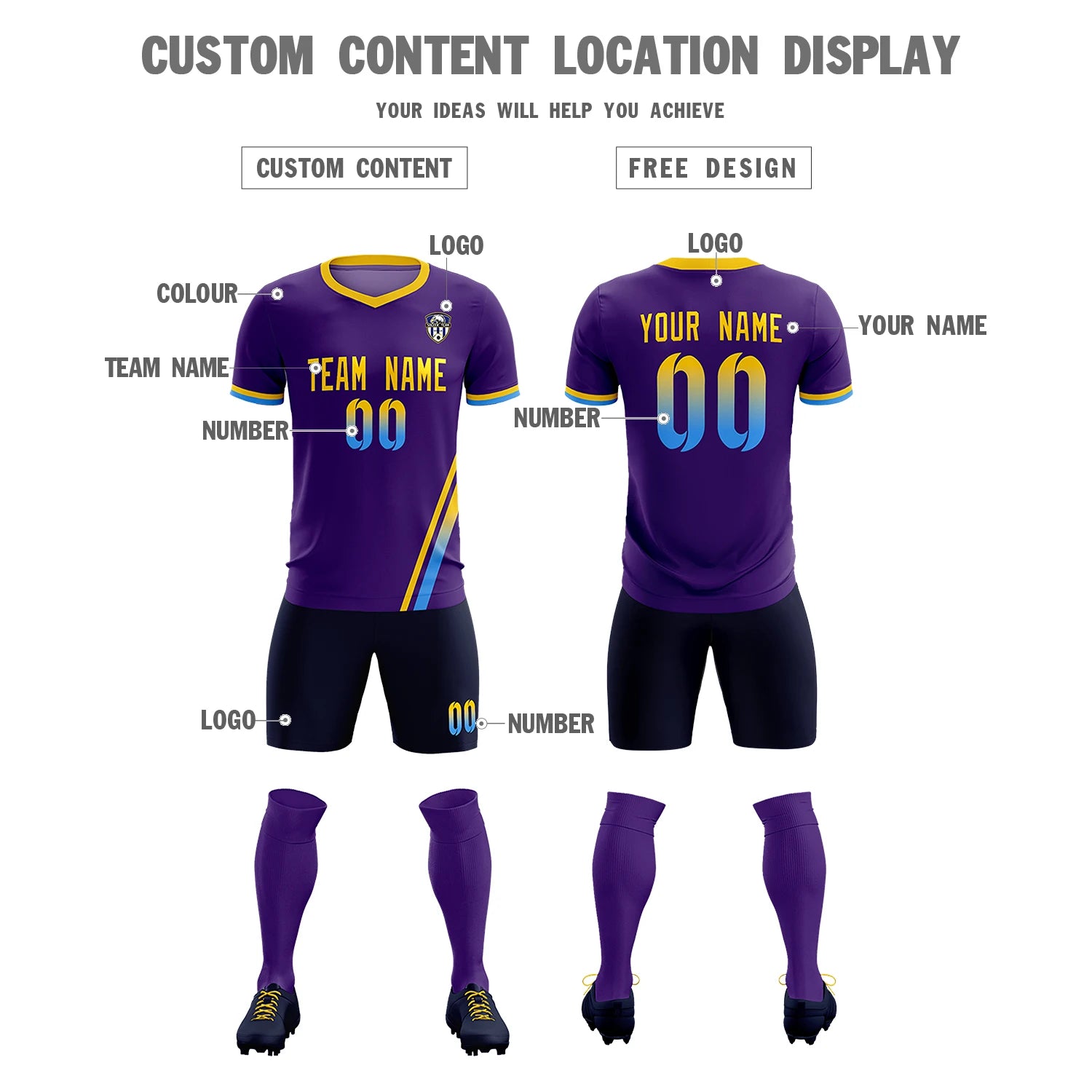 Custom Purple Gold01-Powder Blue Gradient Fashion Sportswear Soccer Sets Jersey