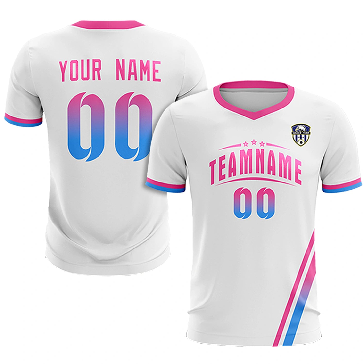 Custom White Pink-Powder Blue Gradient Fashion Sportswear Soccer Sets Jersey