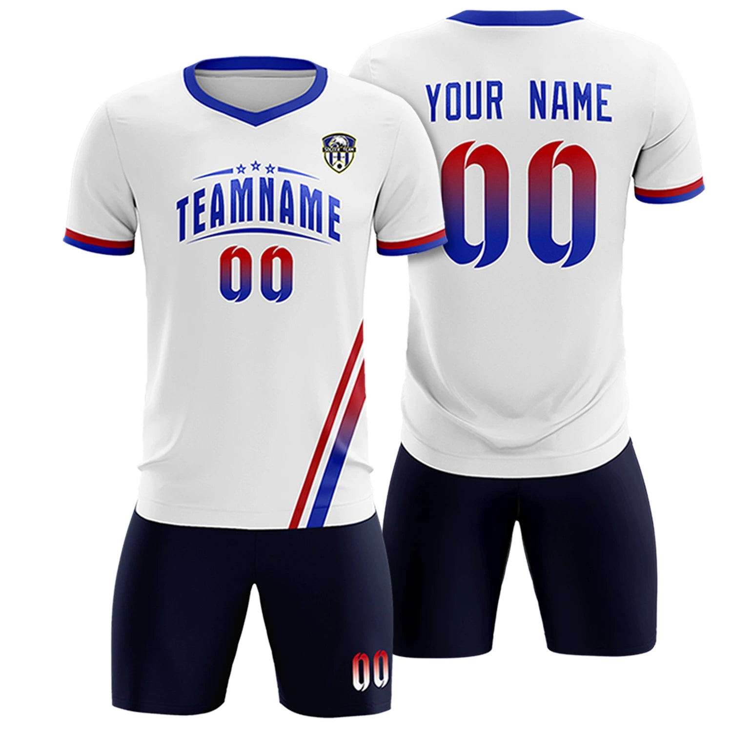 Custom White Red-Royal Blue Gradient Fashion Sportswear Soccer Sets Jersey