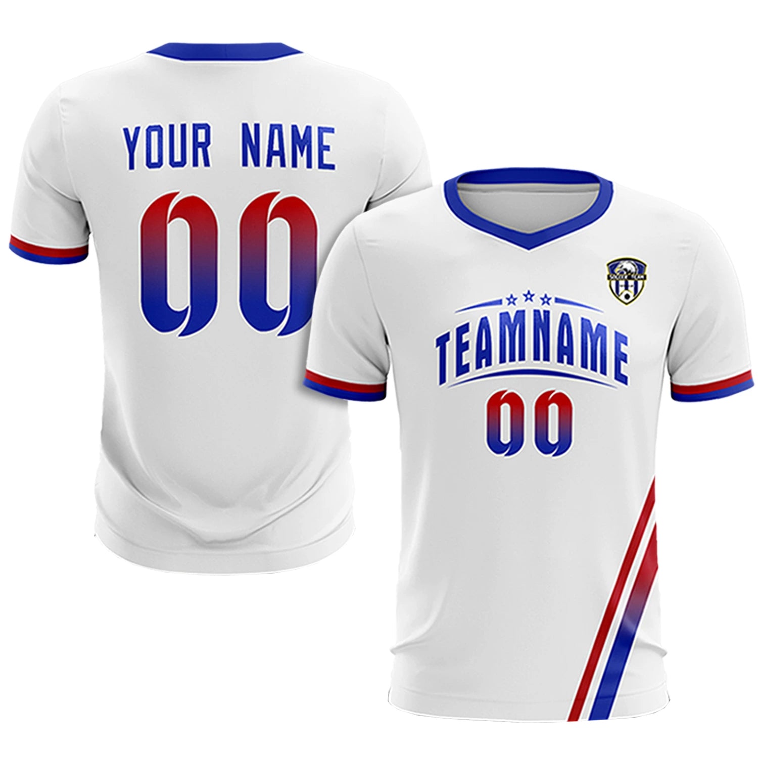 Custom White Red-Royal Blue Gradient Fashion Sportswear Soccer Sets Jersey