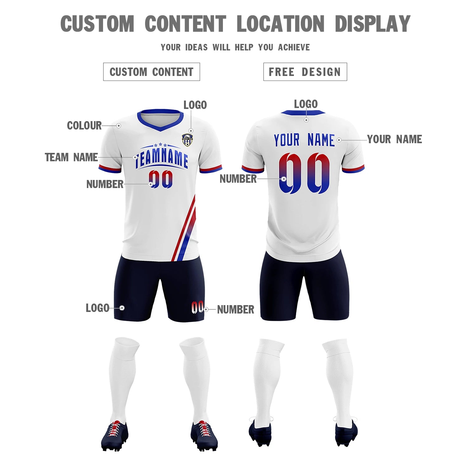 Custom White Red-Royal Blue Gradient Fashion Sportswear Soccer Sets Jersey