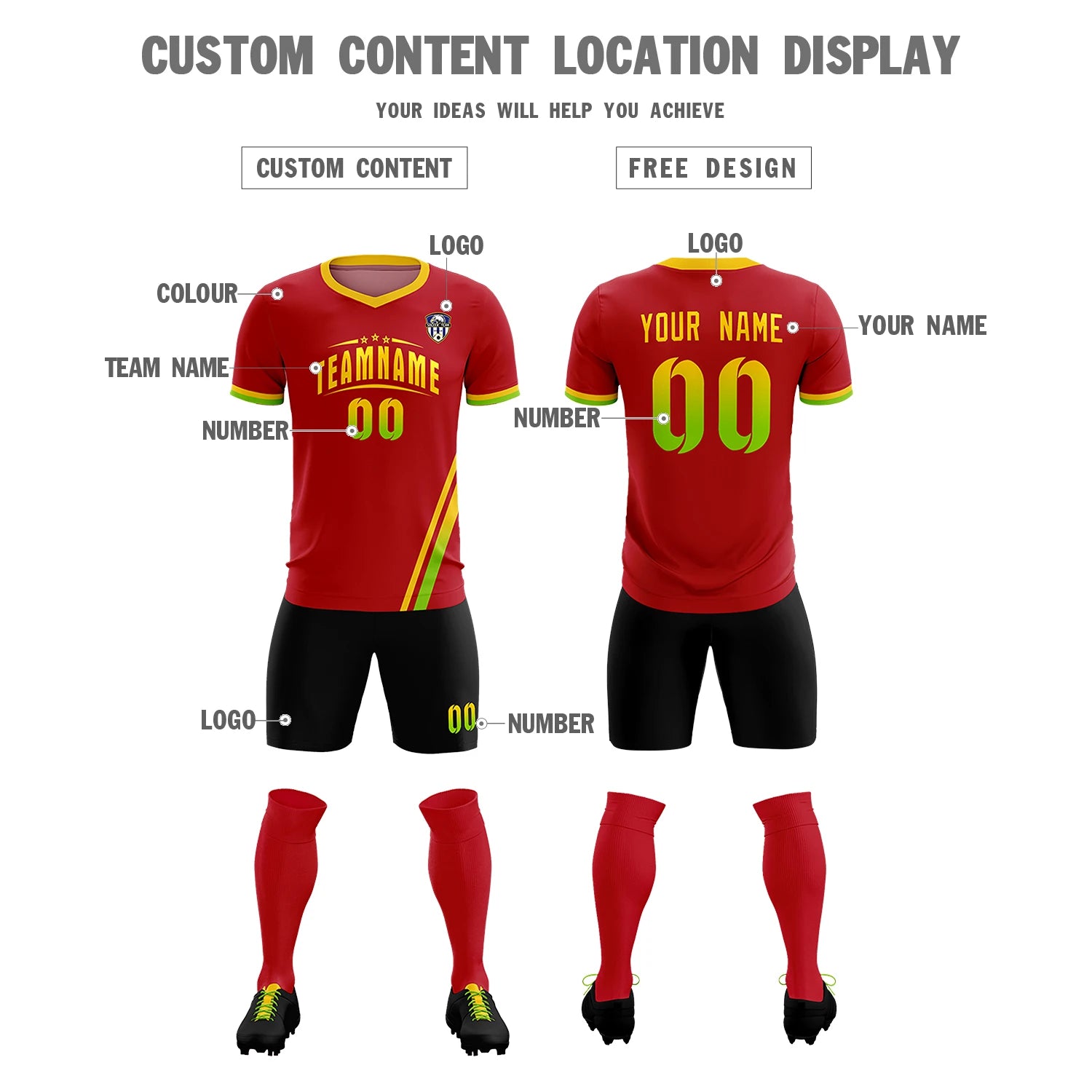 Custom Red Gold01-Neon Green Gradient Fashion Sportswear Soccer Sets Jersey