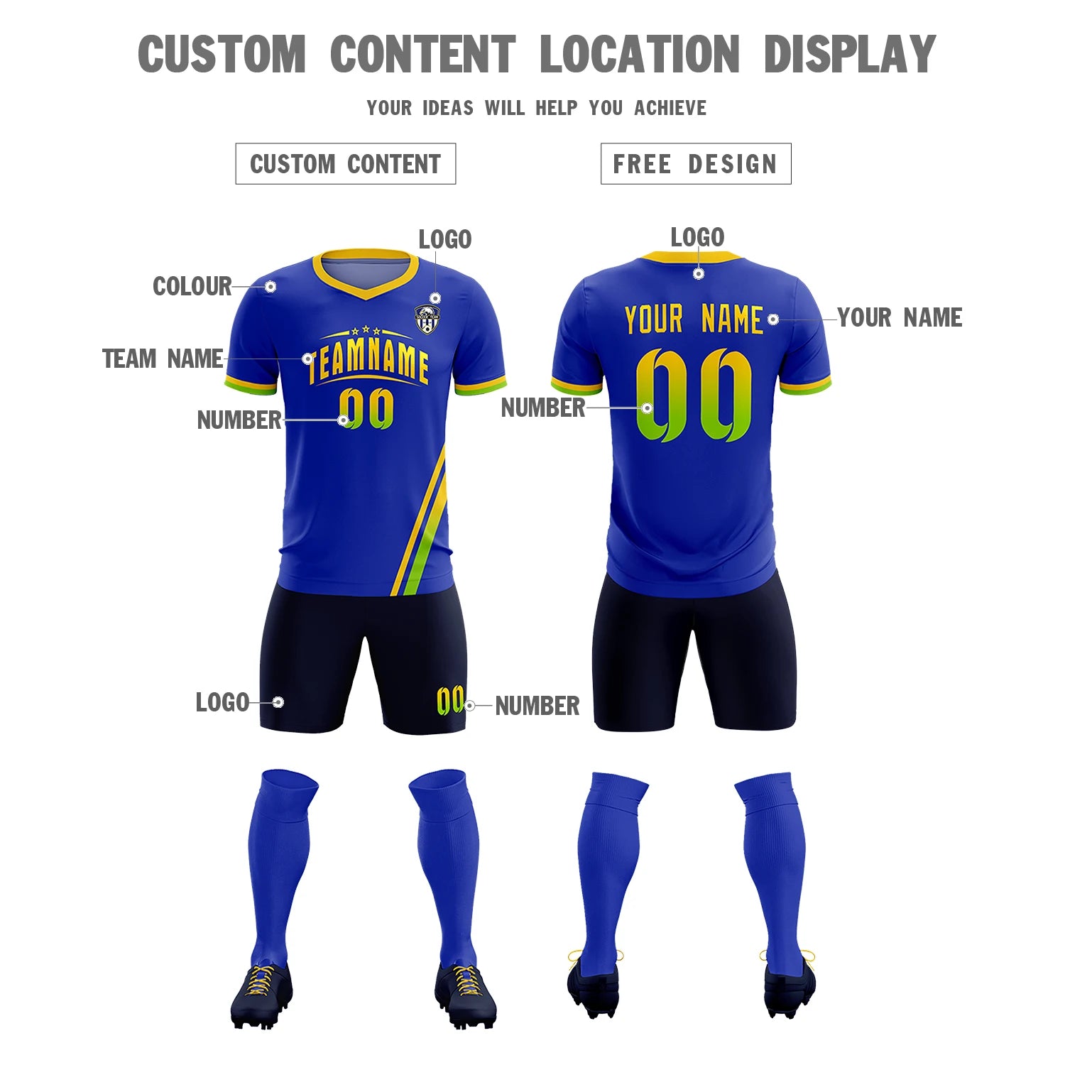 Custom Royal Blue Gold01-Neon Green Gradient Fashion Sportswear Soccer Sets Jersey