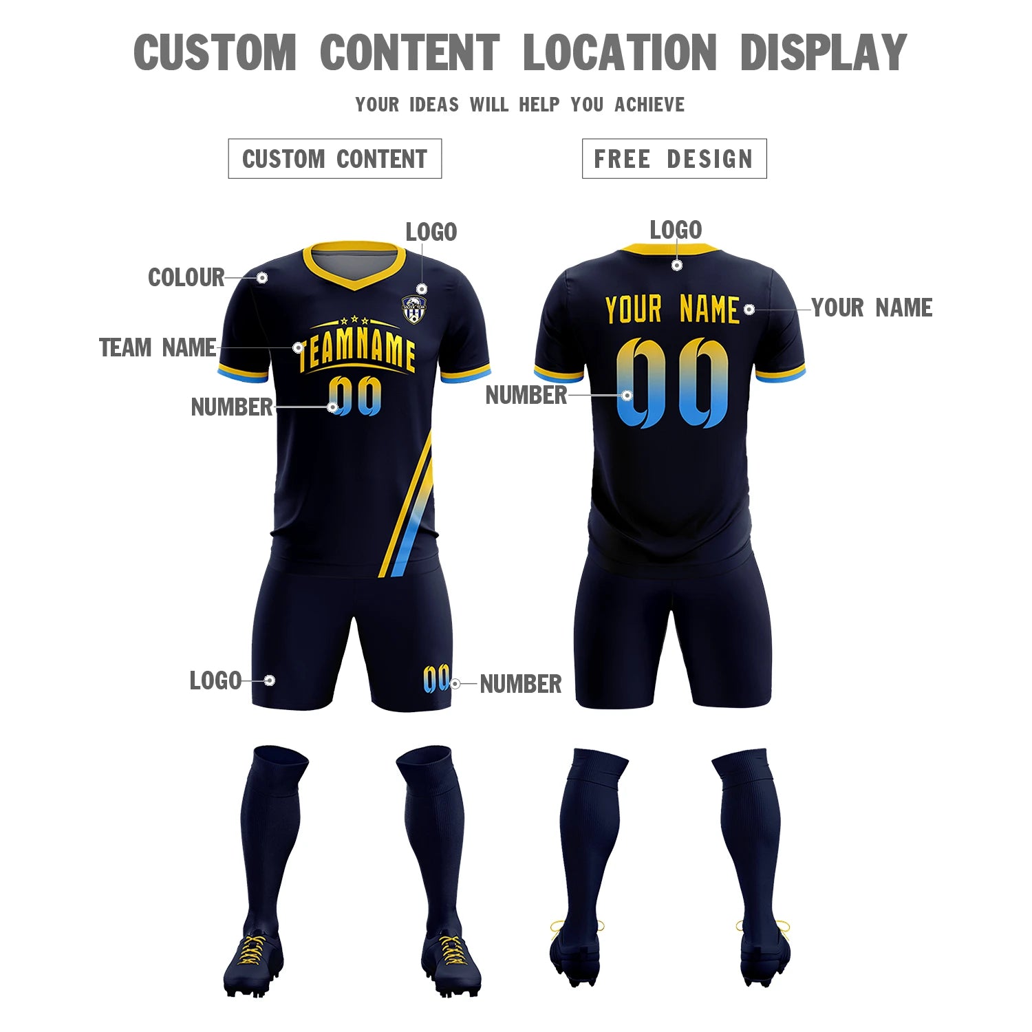 Custom Navy Gold01-Powder Blue Gradient Fashion Sportswear Soccer Sets Jersey