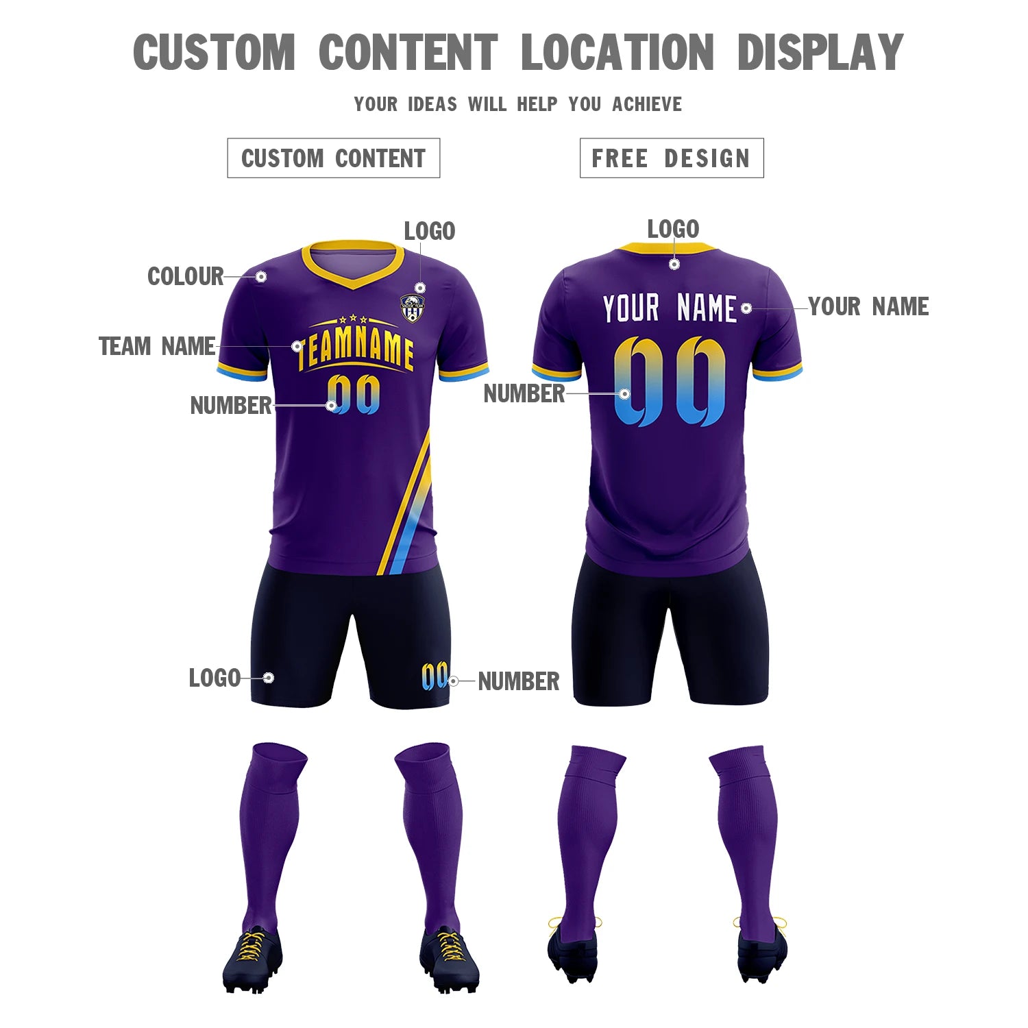 Custom Purple Gold01-Powder Blue Gradient Fashion Sportswear Soccer Sets Jersey