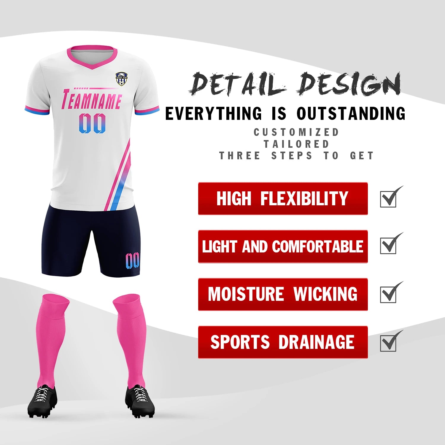 Custom White Pink-Powder Blue Gradient Fashion Sportswear Soccer Sets Jersey