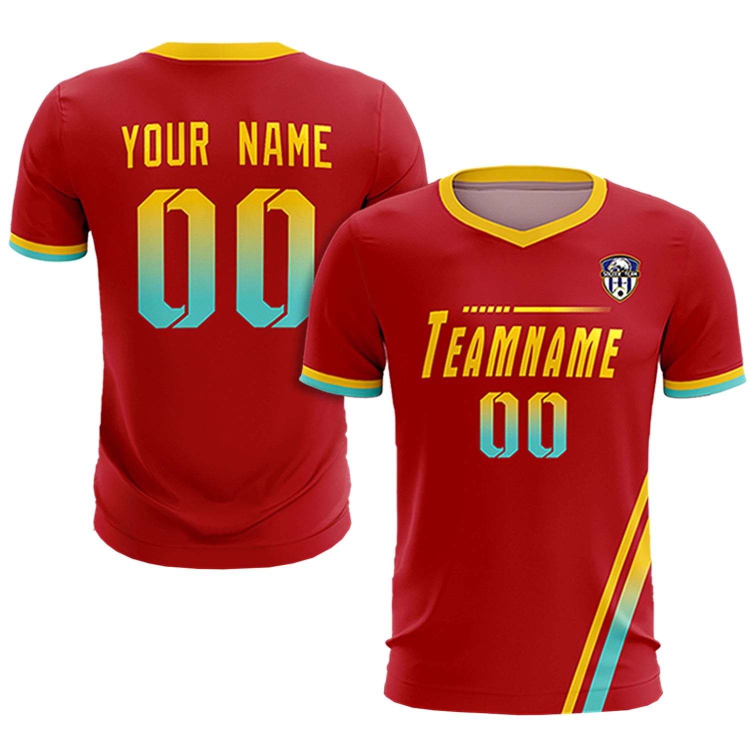 Custom Red Gold01-Aqua Gradient Fashion Sportswear Soccer Sets Jersey