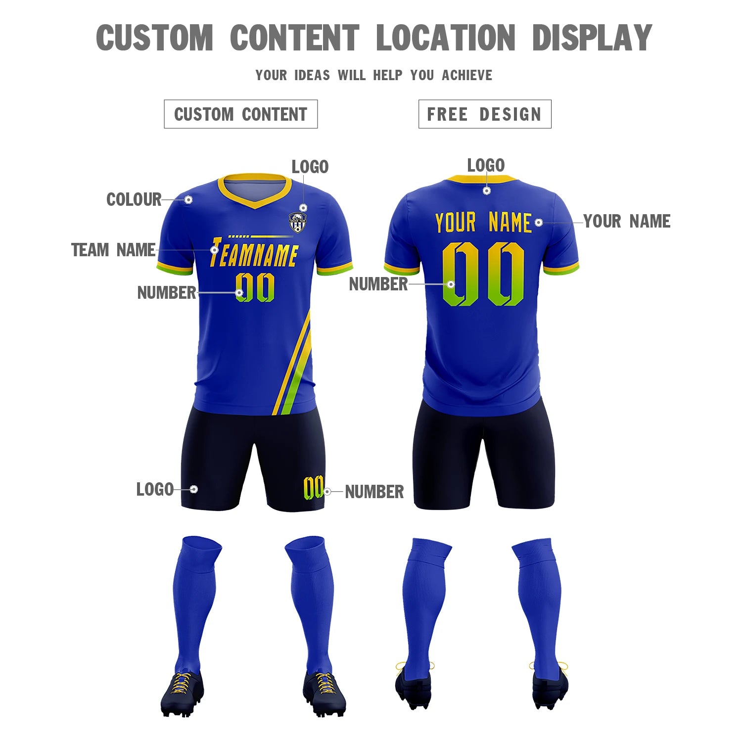 Custom Royal Blue Gold01-Neon Green Gradient Fashion Sportswear Soccer Sets Jersey