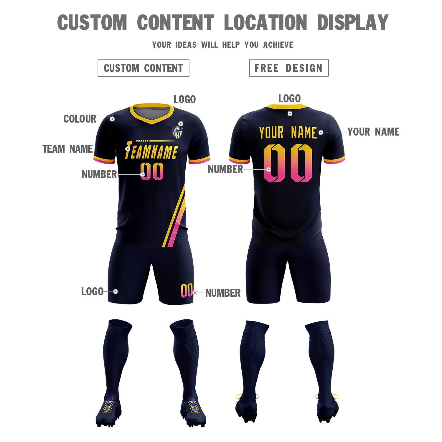 Custom Navy Gold01-Pink Gradient Fashion Sportswear Soccer Sets Jersey