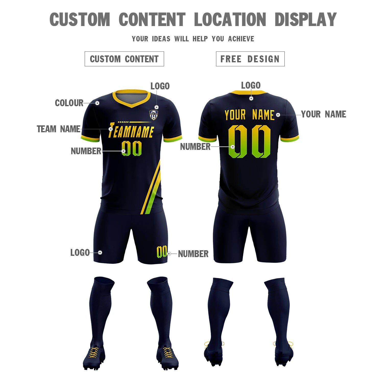 Custom Navy Gold01-Neon Green Gradient Fashion Sportswear Soccer Sets Jersey