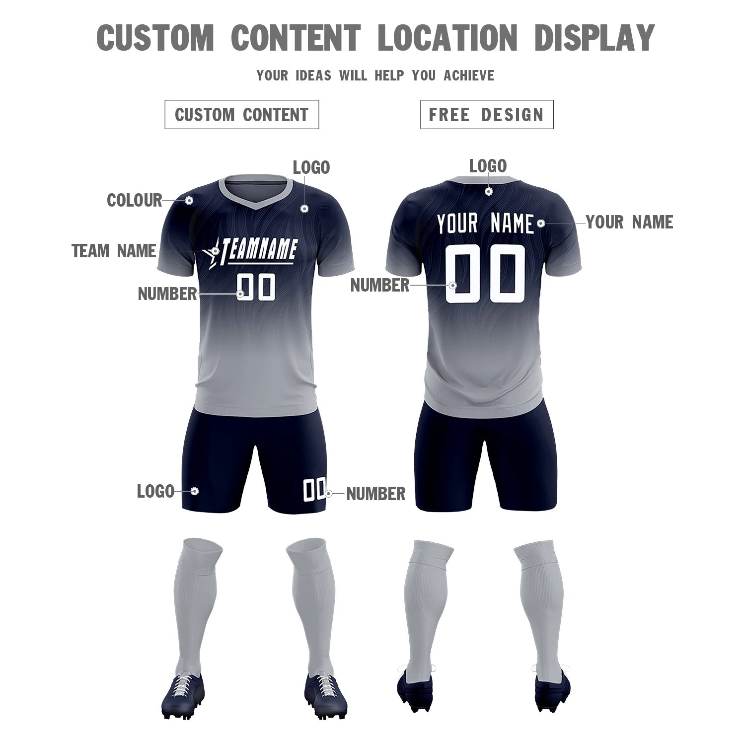 Custom Navy Gray Printing Sportswear Soccer Sets Jersey