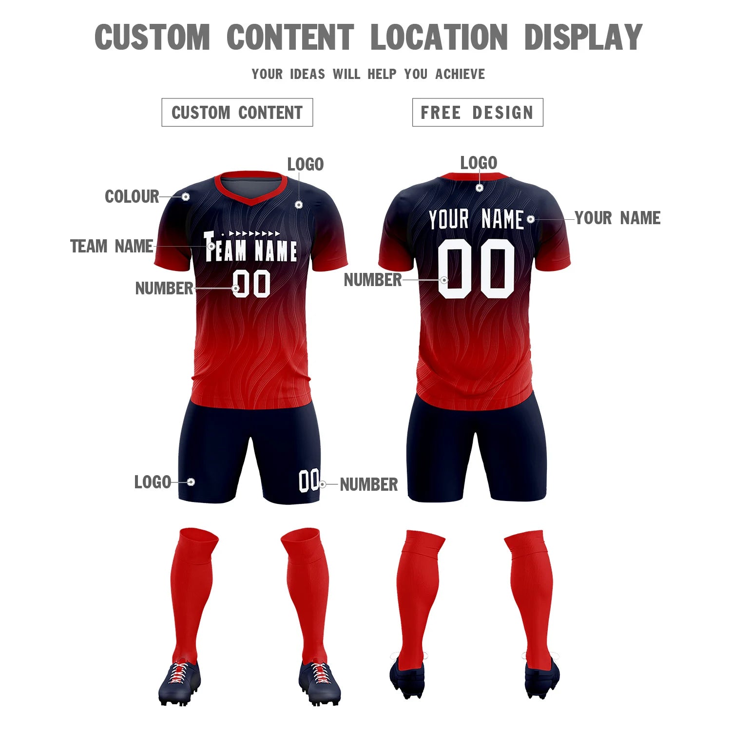 Custom Navy Red Printing Sportswear Soccer Sets Jersey