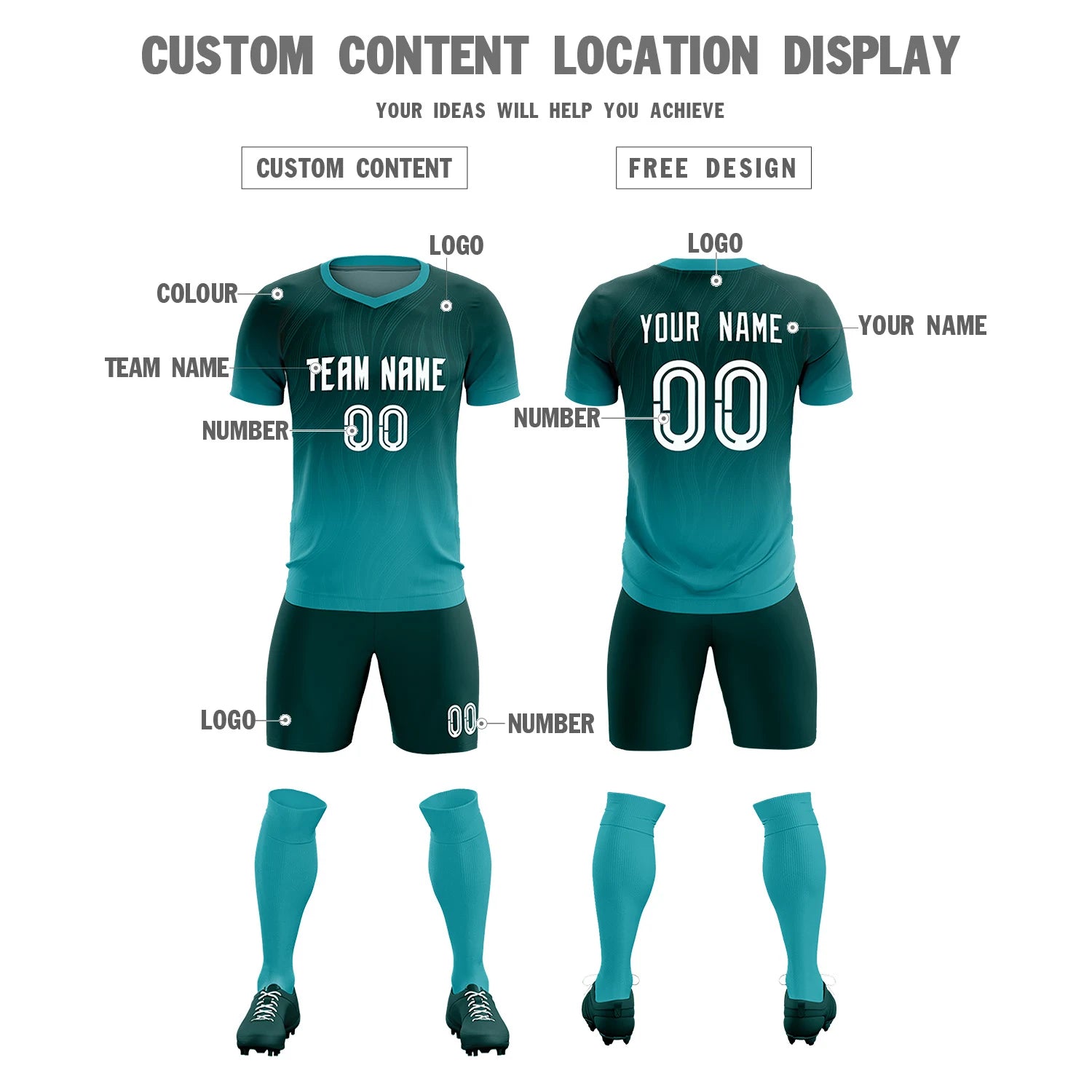 Custom Midnight Green Aqua Printing Sportswear Soccer Sets Jersey