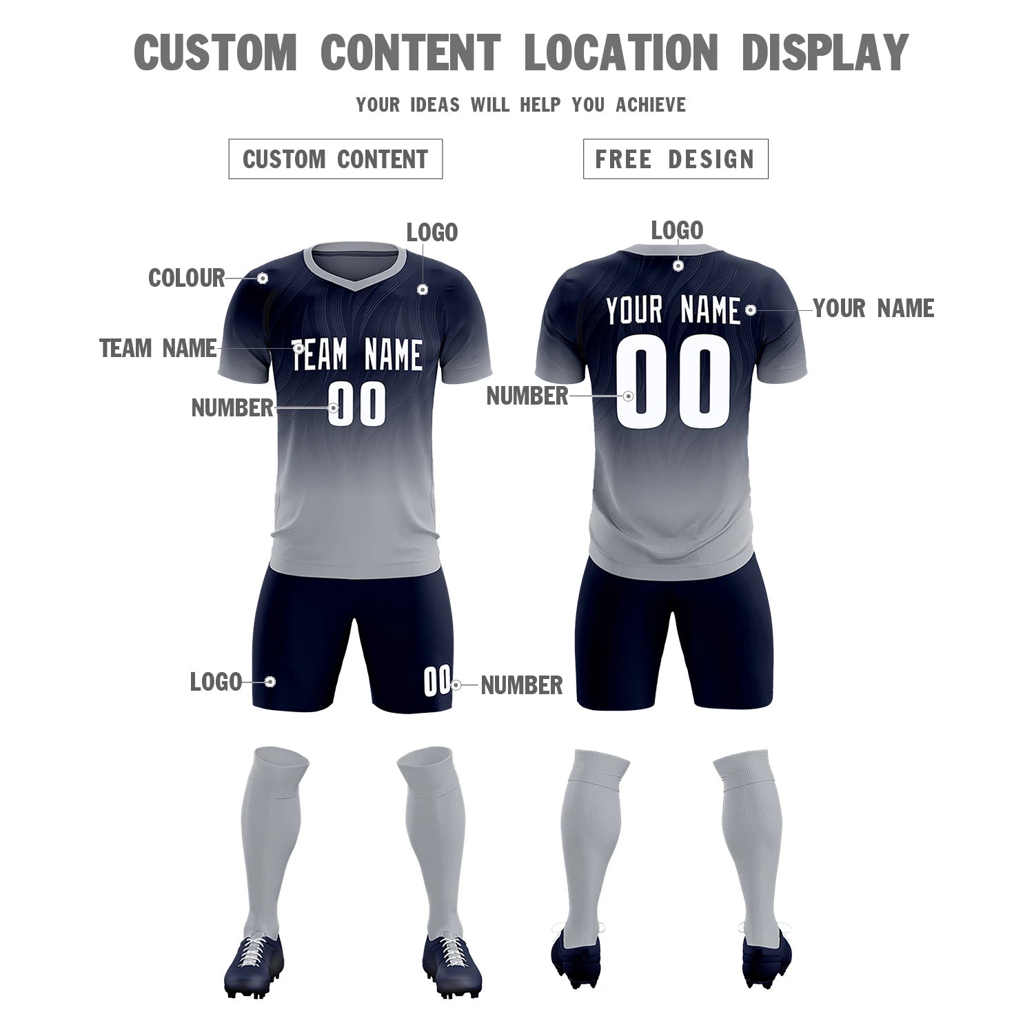 Custom Navy Gray Printing Sportswear Soccer Sets Jersey