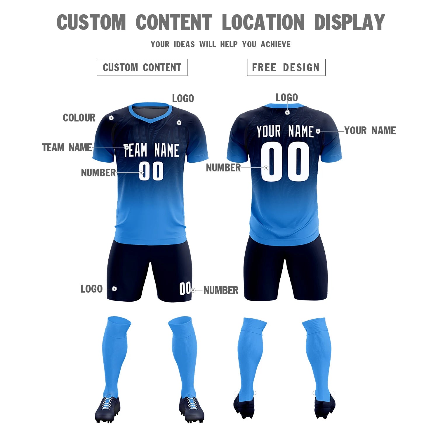 Custom Navy Powder Blue Printing Sportswear Soccer Sets Jersey