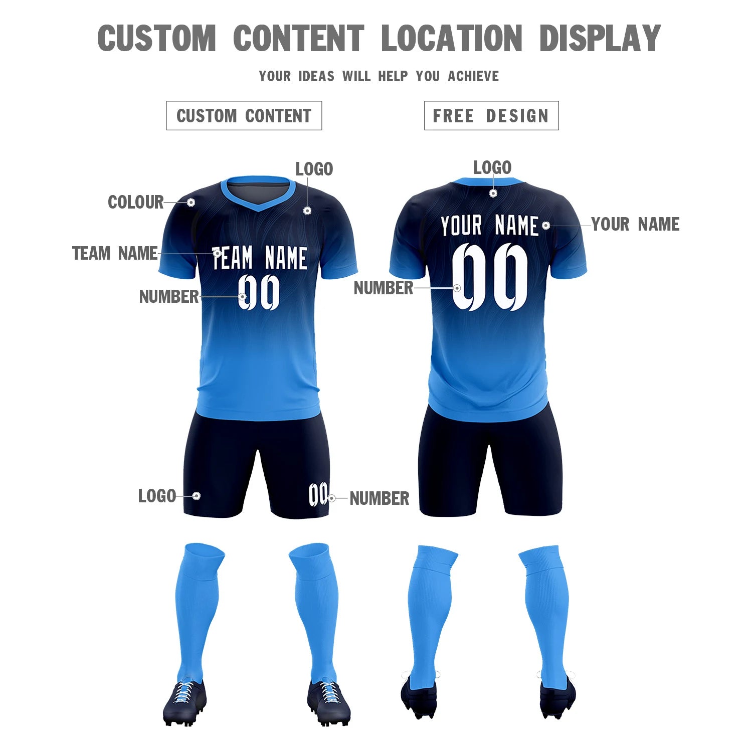 Custom Navy Powder Blue Printing Sportswear Soccer Sets Jersey