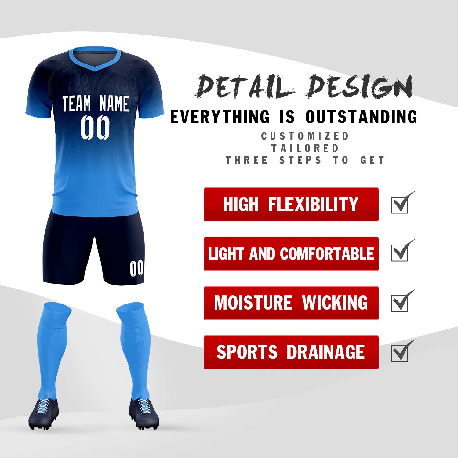 Custom Navy Powder Blue Printing Sportswear Soccer Sets Jersey
