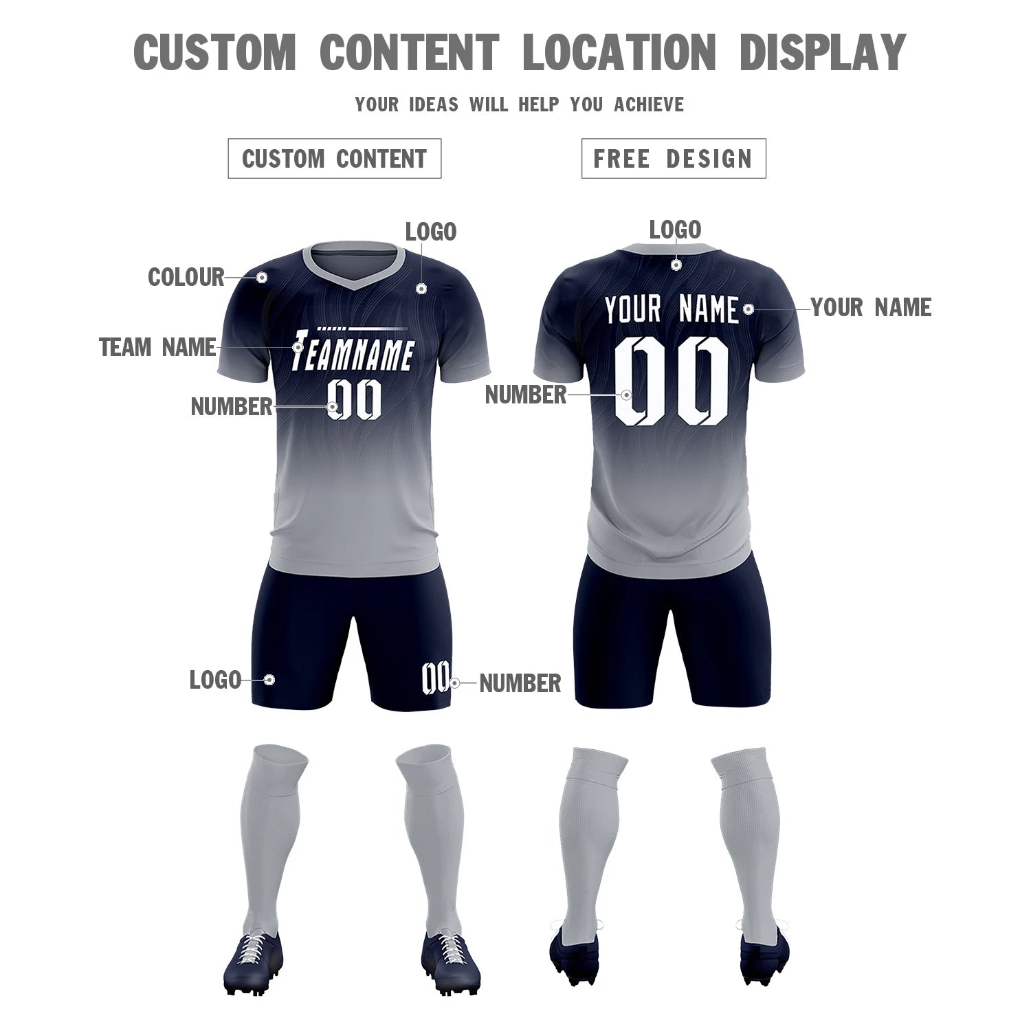 Custom Navy Gray Printing Sportswear Soccer Sets Jersey