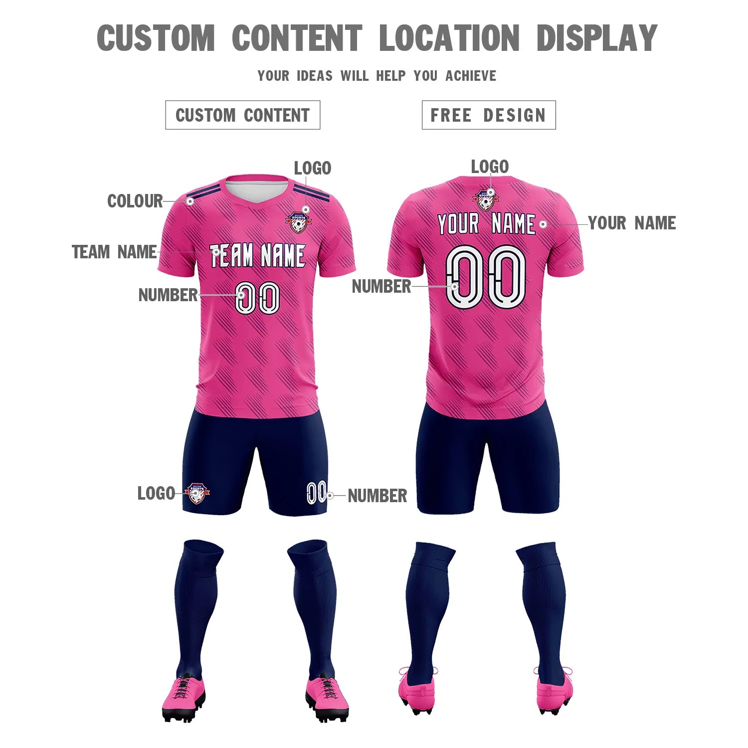Custom Pink Navy Printing Outdoor Tracksuit Soccer Sets Jersey