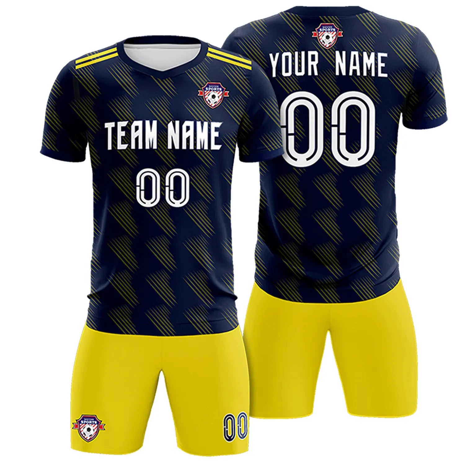 Custom Navy Yellow Printing Outdoor Tracksuit Soccer Sets Jersey