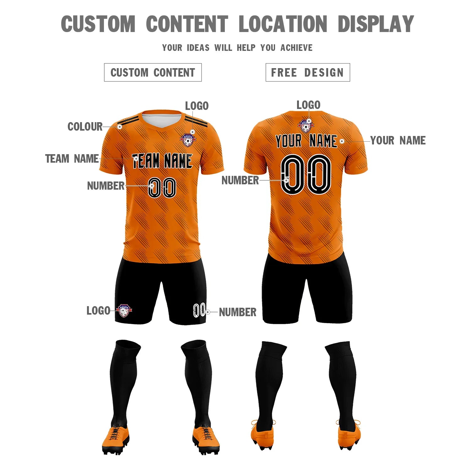 Custom Orange Black Printing Outdoor Tracksuit Soccer Sets Jersey