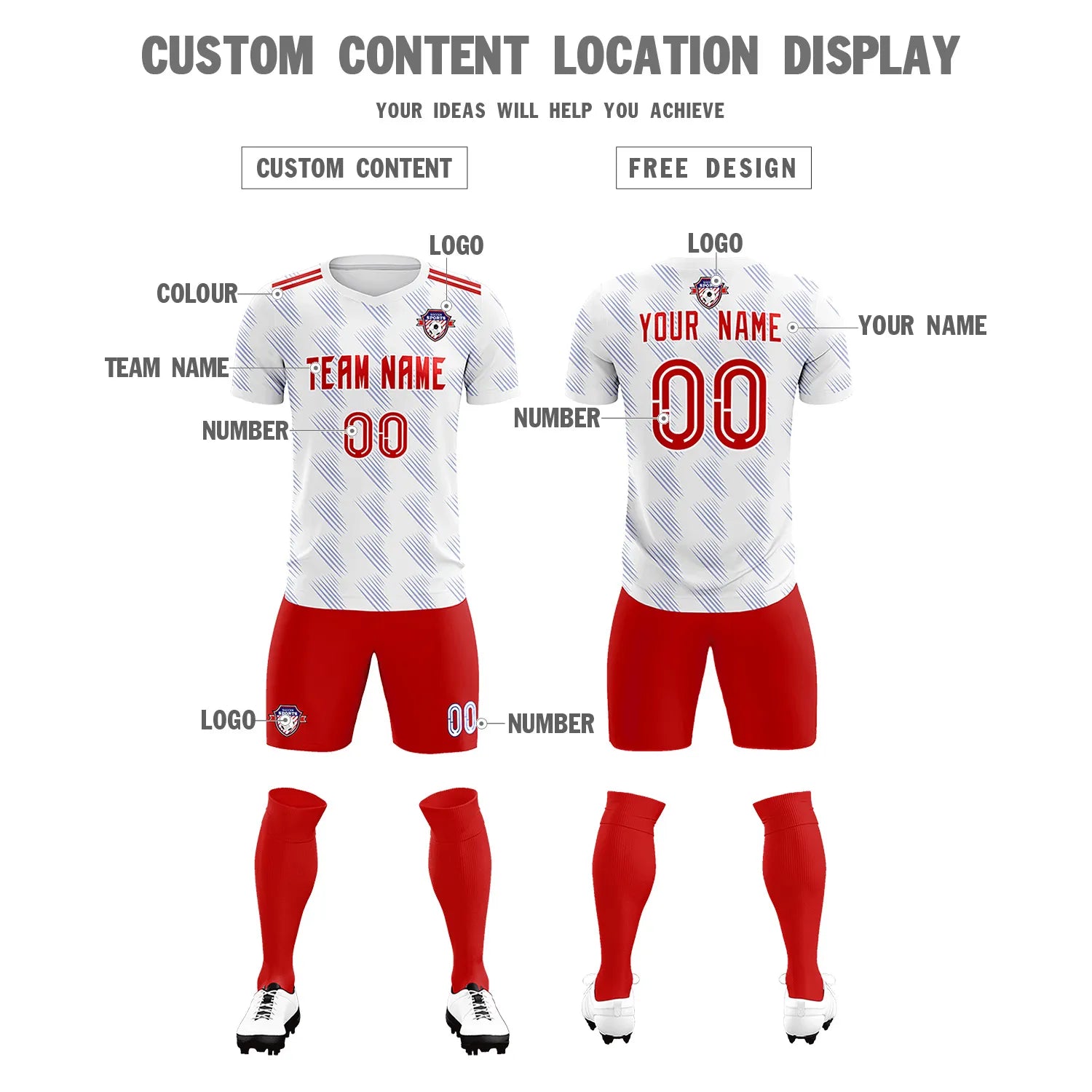 Custom White Red Printing Outdoor Tracksuit Soccer Sets Jersey