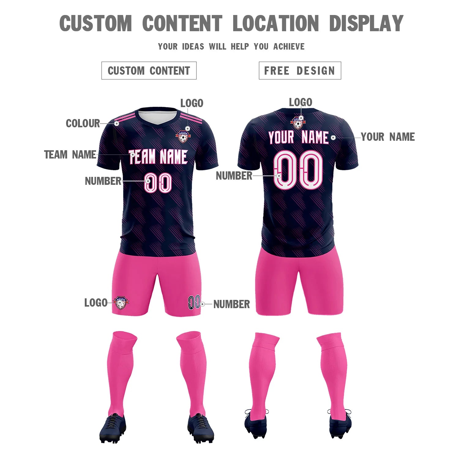 Custom Navy Pink Printing Outdoor Tracksuit Soccer Sets Jersey