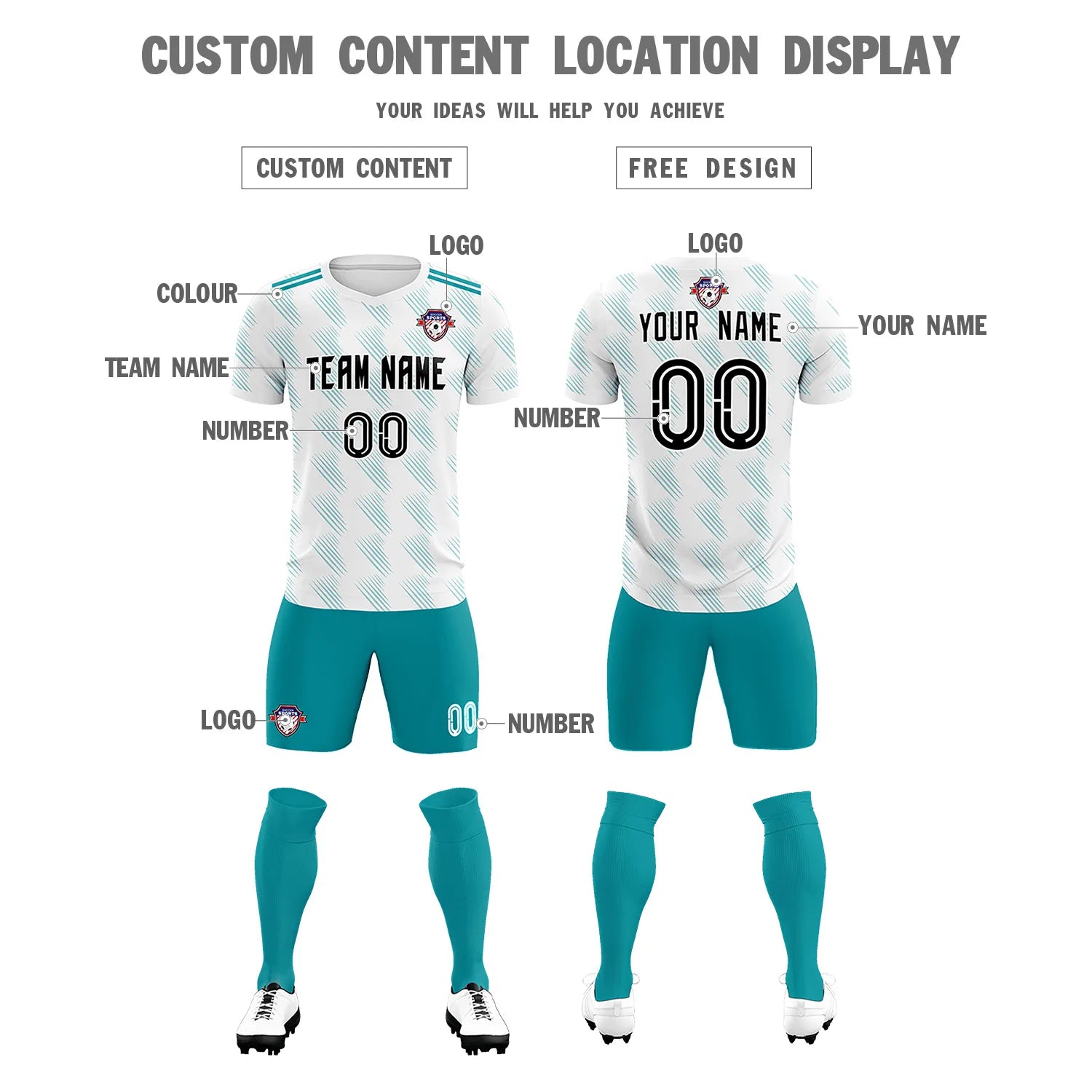 Custom White Aqua Printing Outdoor Tracksuit Soccer Sets Jersey