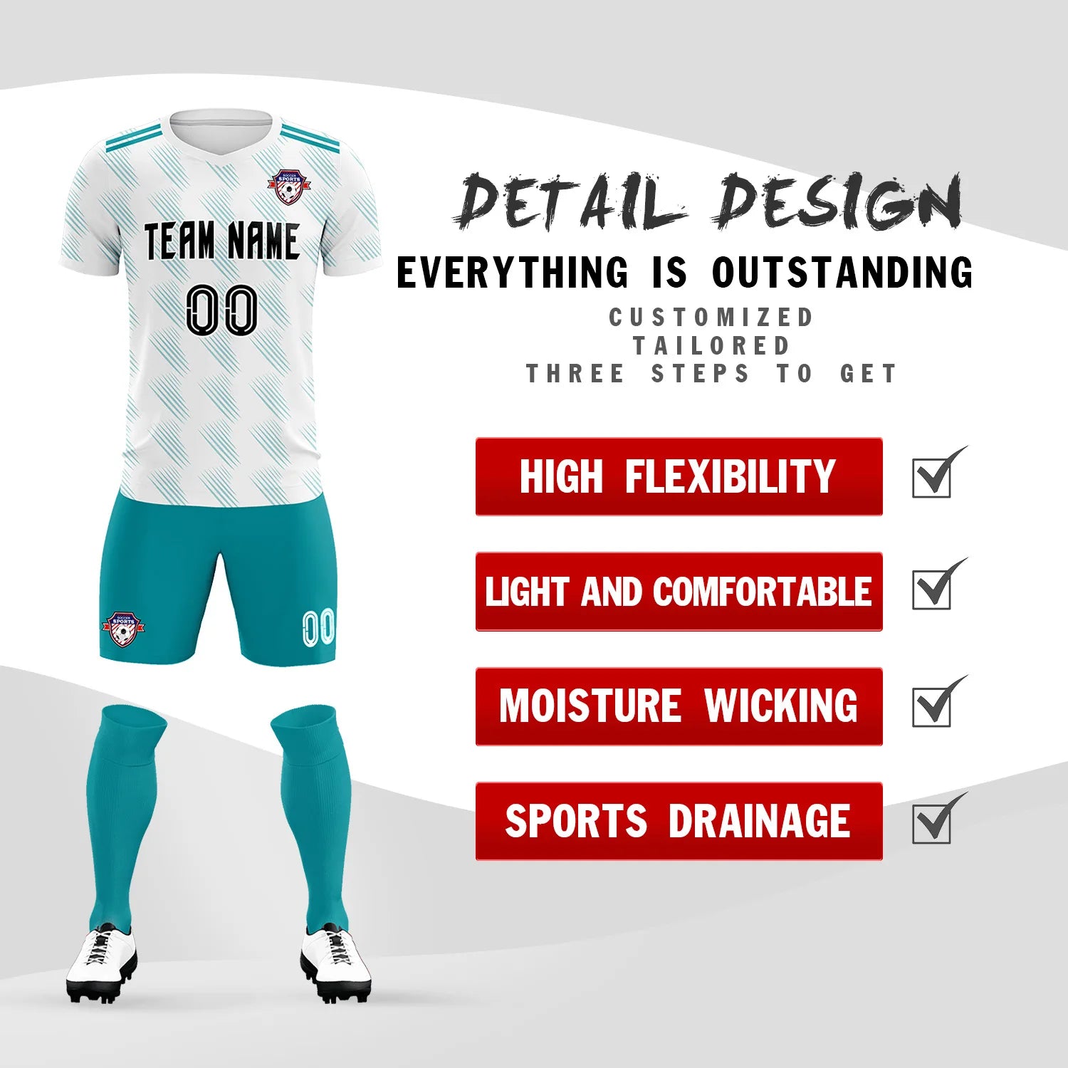 Custom White Aqua Printing Outdoor Tracksuit Soccer Sets Jersey