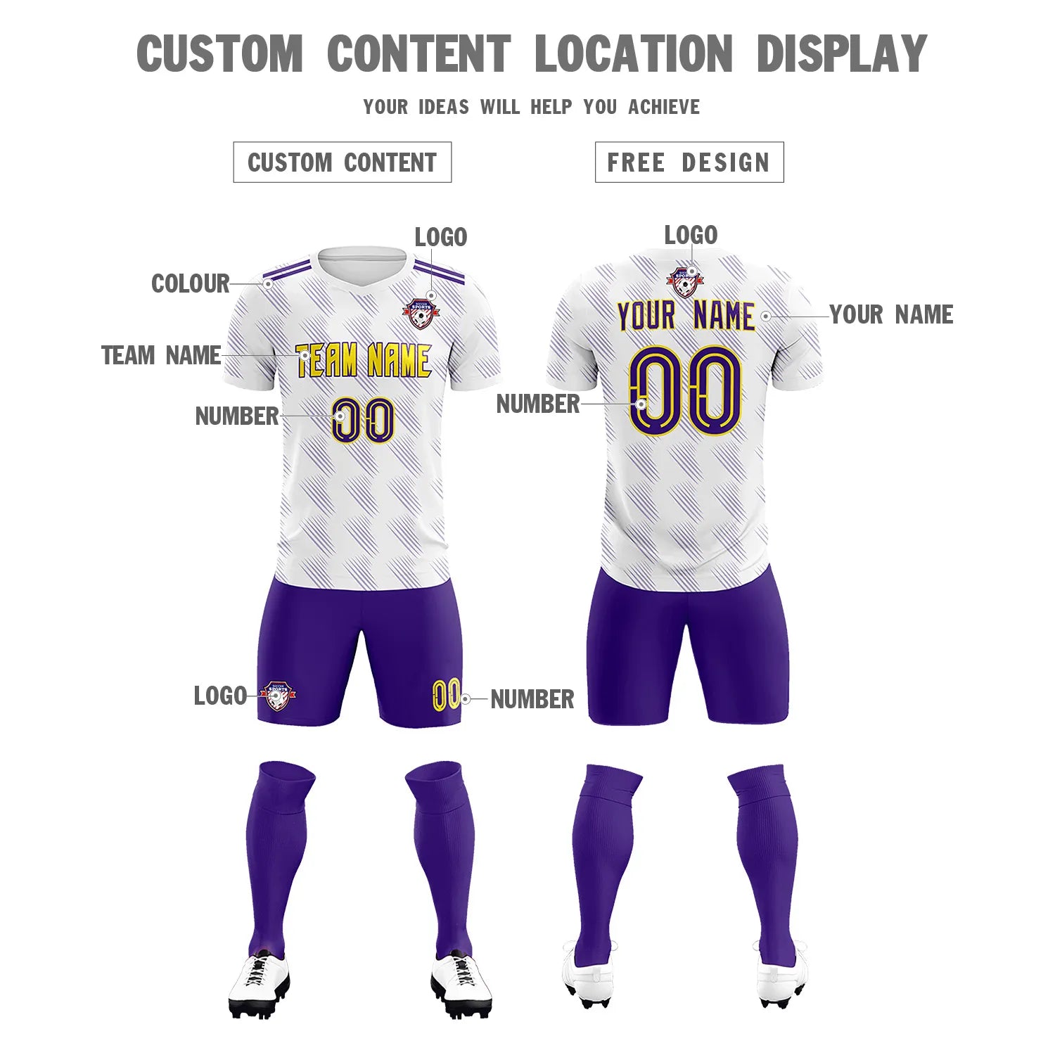Custom White Purple Printing Outdoor Tracksuit Soccer Sets Jersey