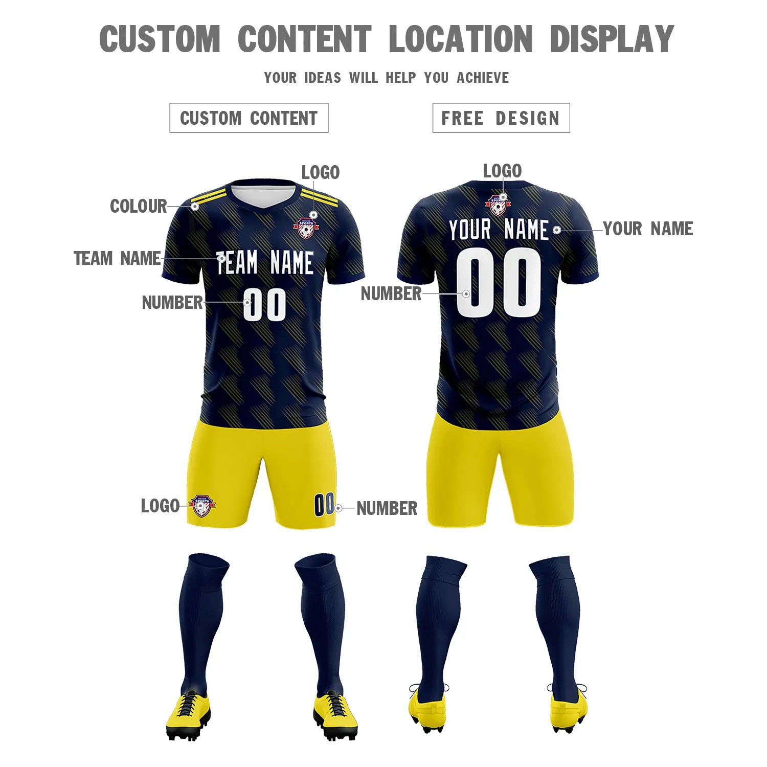 Custom Navy Yellow Printing Outdoor Tracksuit Soccer Sets Jersey