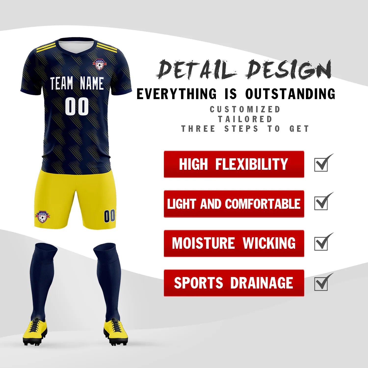 Custom Navy Yellow Printing Outdoor Tracksuit Soccer Sets Jersey