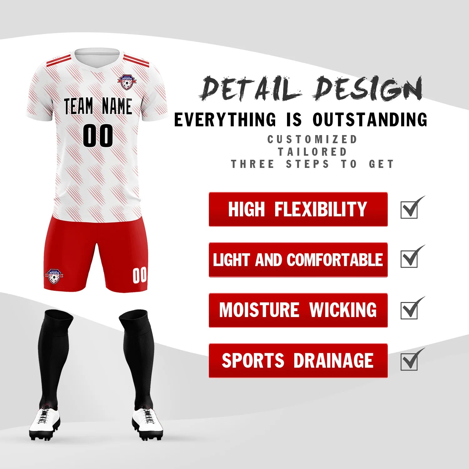 Custom White Red Printing Outdoor Tracksuit Soccer Sets Jersey